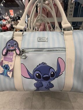 Disney Stitch Striped Duffel Bag in Light Blue and Cream